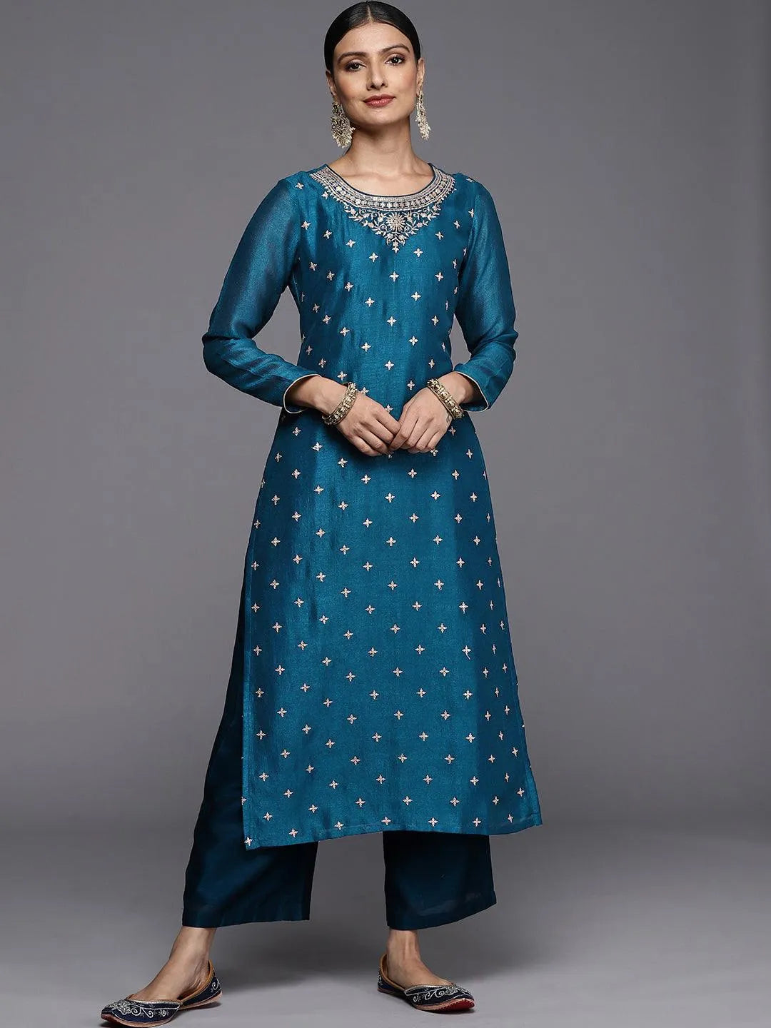 Teal Embroidered Silk Straight Kurta - Jashvi