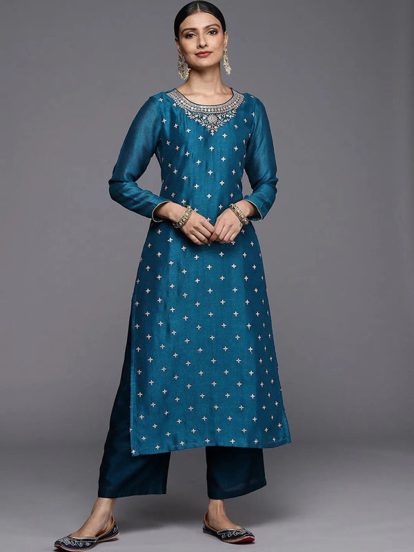 Teal Embroidered Silk Straight Kurta - Jashvi