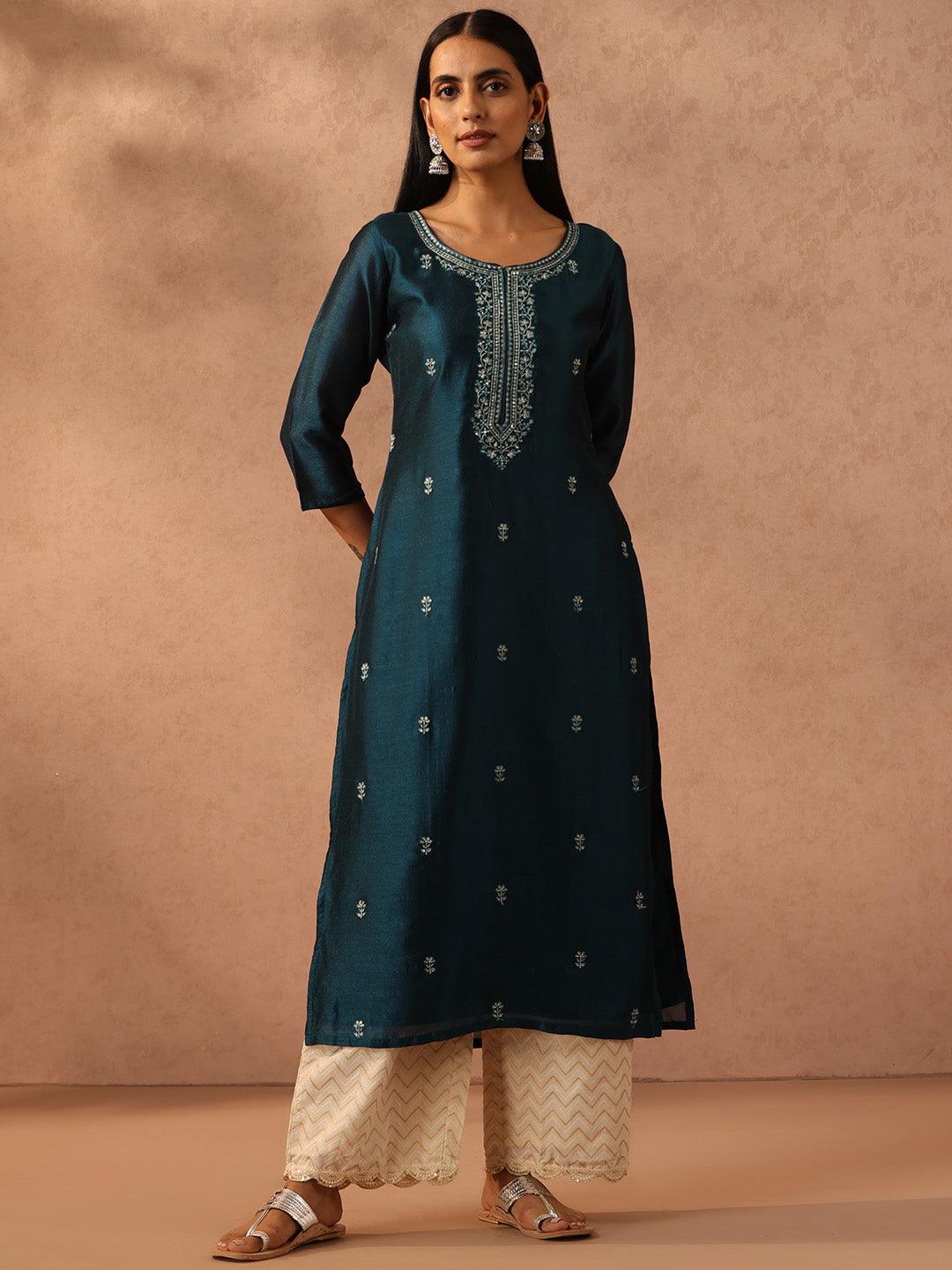 Teal Embellished Silk Straight Kurta - Jashvi