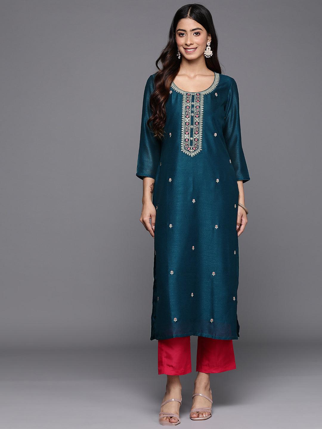 Teal Embellished Silk Straight Kurta - Jashvi