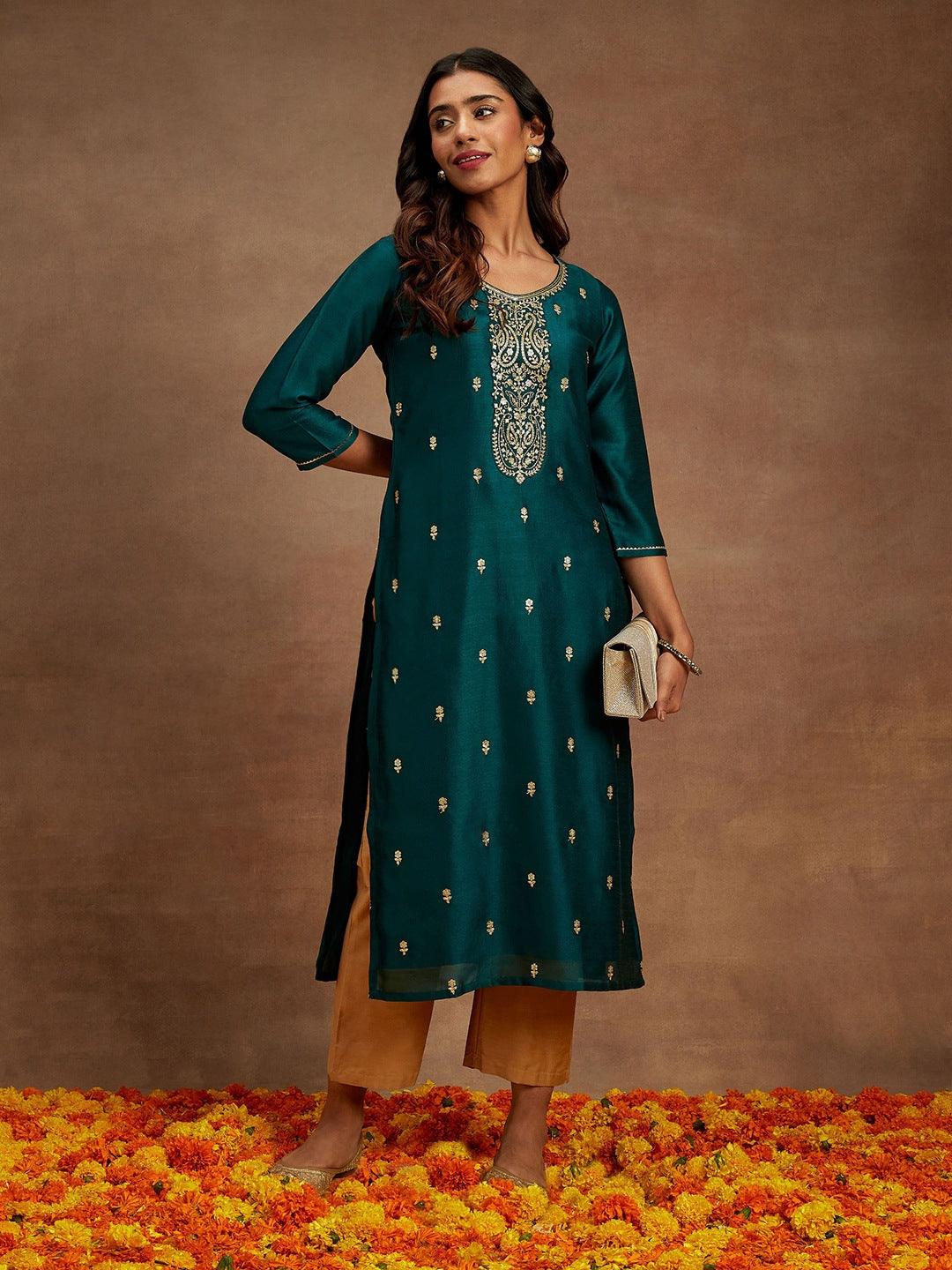 Teal Embroidered Silk Straight Kurta - Jashvi