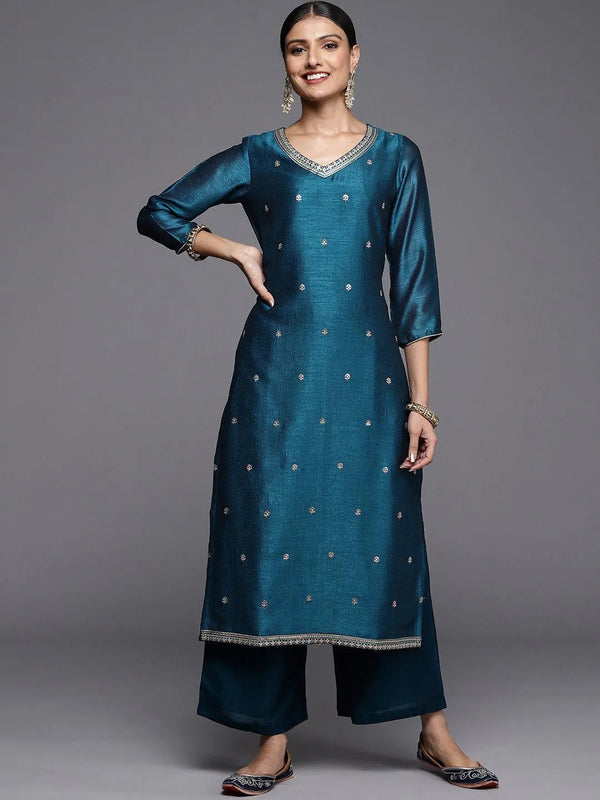 Teal Embroidered Silk Straight Kurta - Jashvi