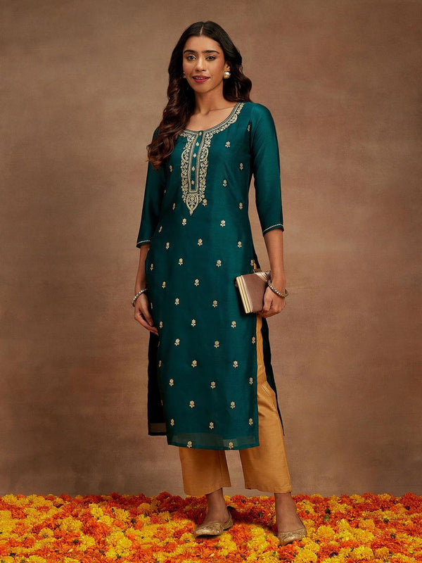 Teal Embroidered Silk Straight Kurta - Jashvi