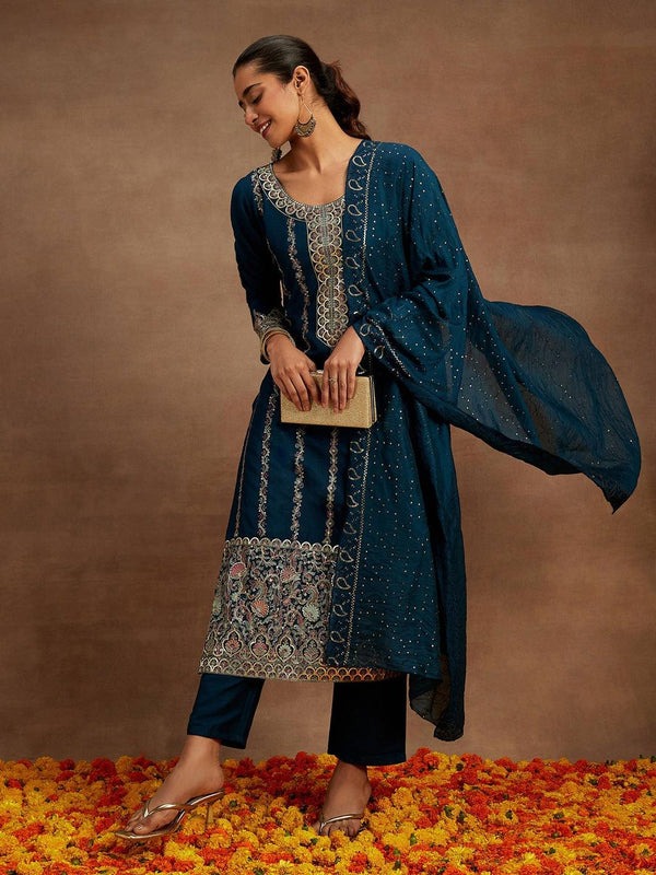 Teal Embroidered Silk Straight Kurta With Trousers & Dupatta - Jashvi