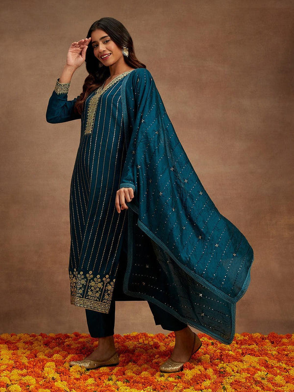 Teal Embroidered Silk Straight Kurta With Trousers & Dupatta - Jashvi