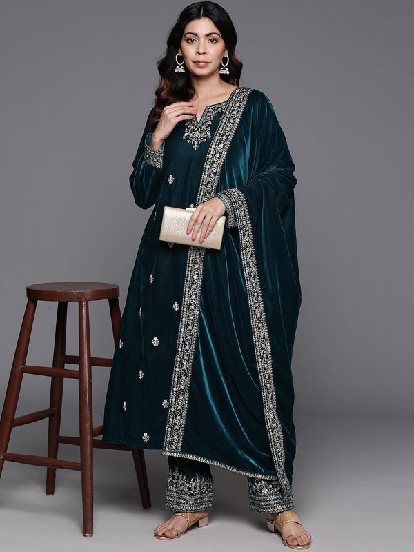 Teal Embroidered Velvet A-Line Kurta With Trousers & Dupatta - Jashvi