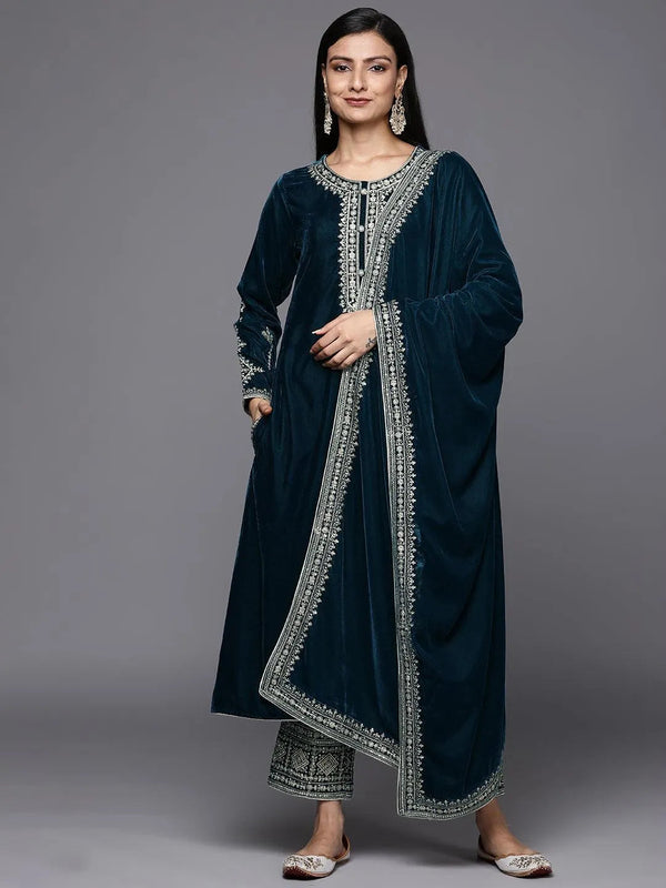 Teal Embroidered Velvet A-Line Kurta With Trousers & Dupatta