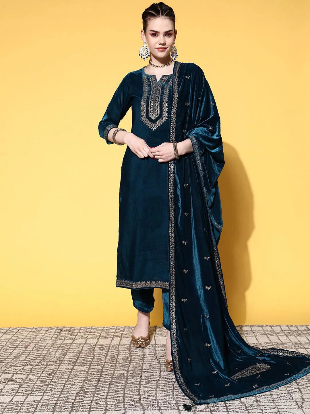 Teal Embroidered Velvet Straight Suit Set - Jashvi