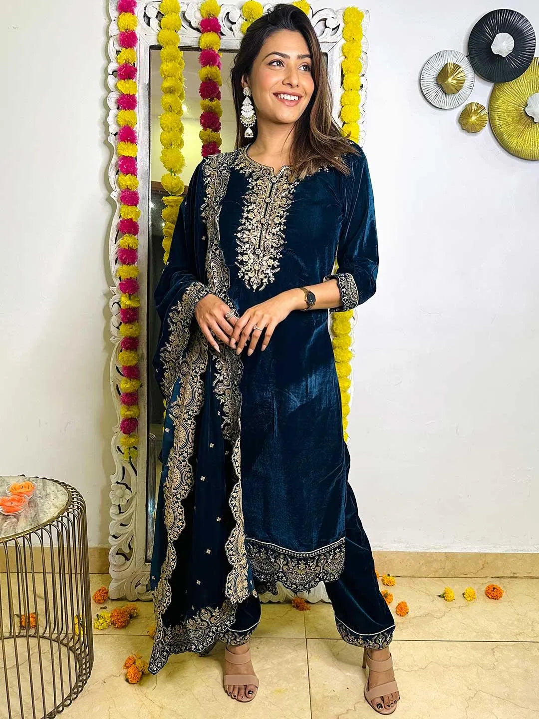 Teal Embroidered Velvet Straight Suit Set - Jashvi