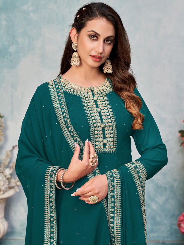 Women's Teal Green Faux Georgette Heavy Embroidery Kurta Set - Odette