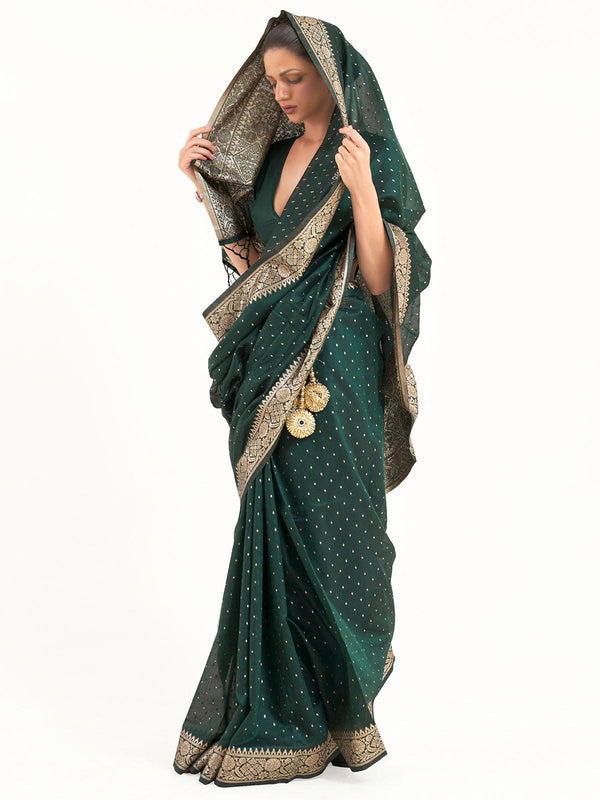 Women's Teal Green Festive Silk Blend Woven Design Saree With Unstitched Blouse - Odette