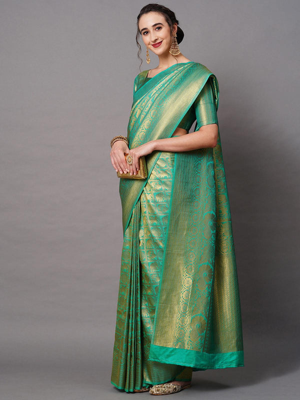 Women's Teal Green Festive Silk Blend Woven Design Saree With Unstitched Blouse - Odette