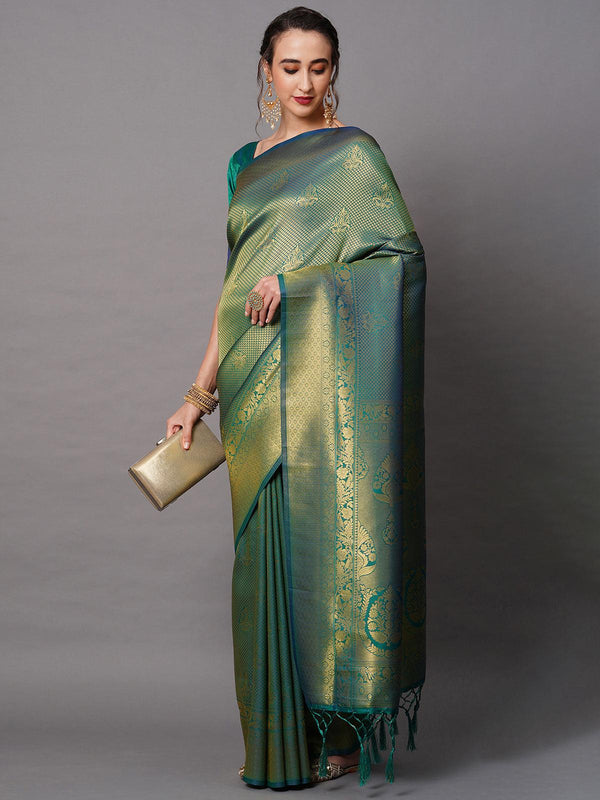 Women's Teal Green Festive Silk Blend Woven Design Saree With Unstitched Blouse - Odette