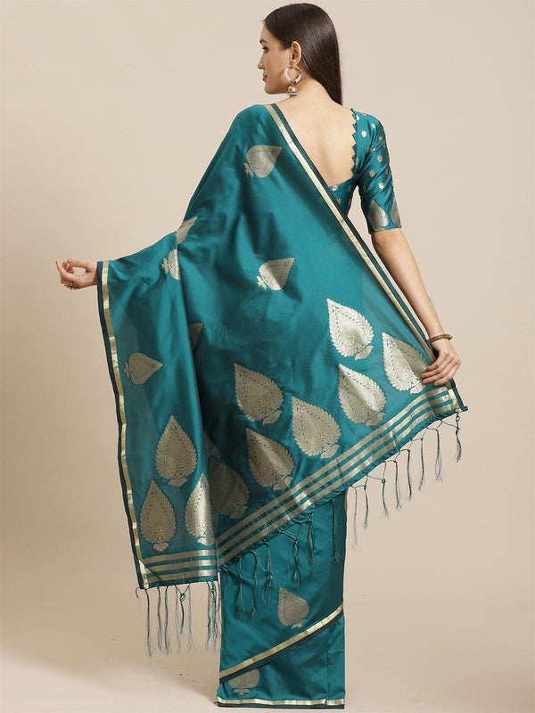 Women's Teal Green Festive Silk Blend Woven Saree With Unstitched Blouse - Odette