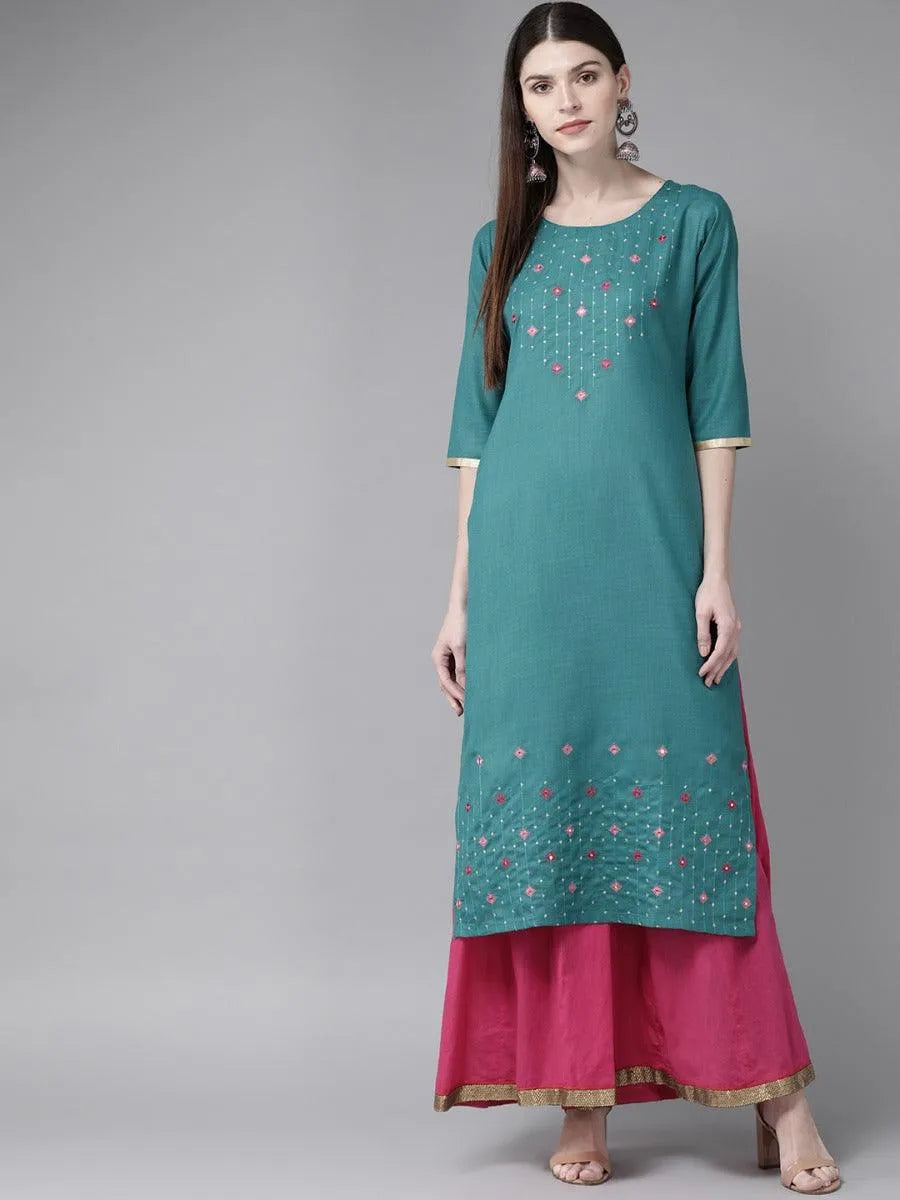 Teal Green Mirror Work Cotton Kurta - Jashvi