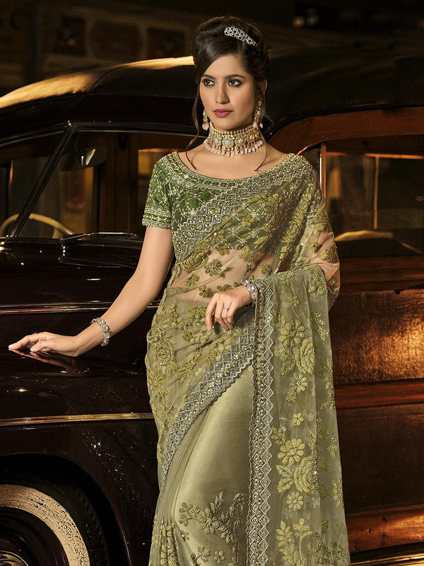 Women's Teal Green Net Floral Designer Saree With Blouse - Odette