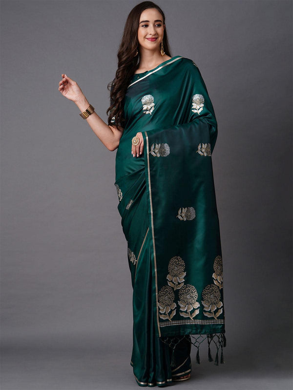 Women's Teal Green Party Wear Silk Blend Woven Design Saree With Unstitched Blouse - Odette