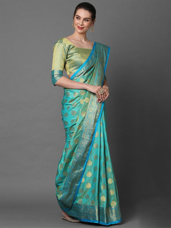 Women's Teal Green Party Wear Silk Blend Woven Design Saree With Unstitched Blouse - Odette