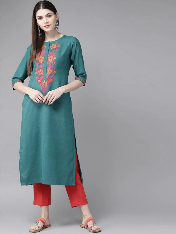 Teal Green Yoke Design Cotton Kurta - Jashvi