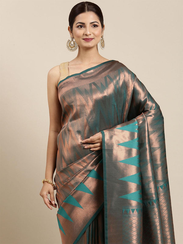 Women's Teal Kanjivaram Silk Banarasi Weaving Silk Saree - Odette