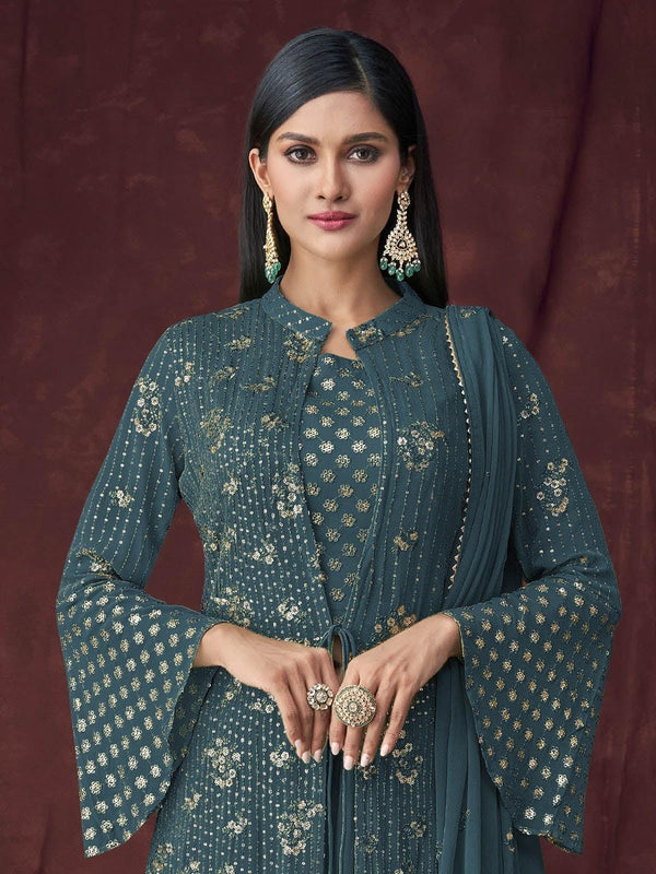 Women's Teal Kurta Set With Overlay - Odette