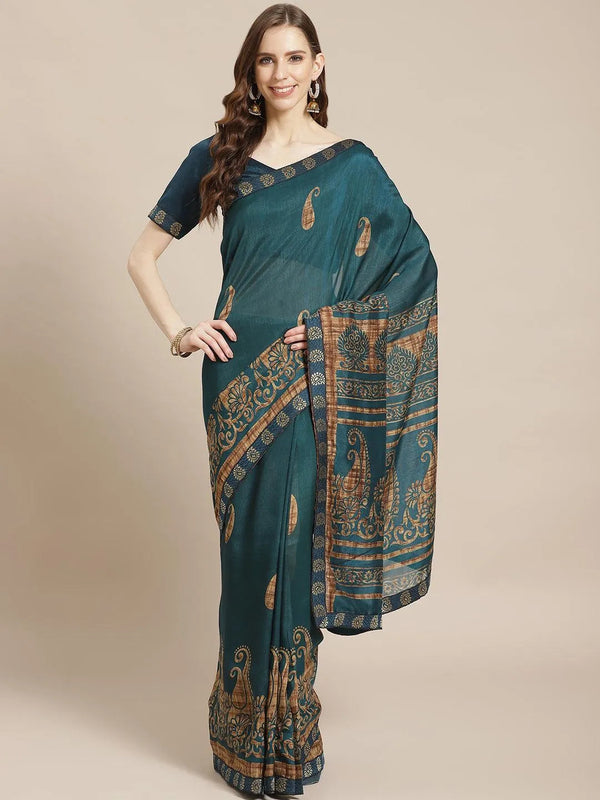 Teal Printed Chiffon Saree - Jashvi