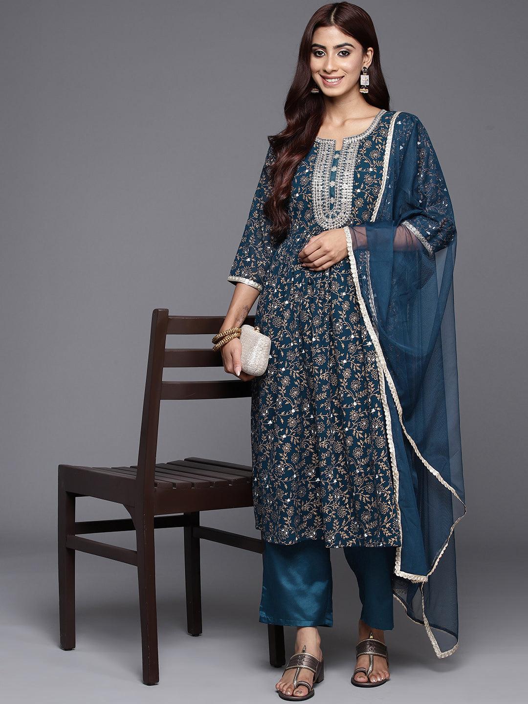 Teal Printed Georgette A-Line Kurta With Trousers & Dupatta - Jashvi