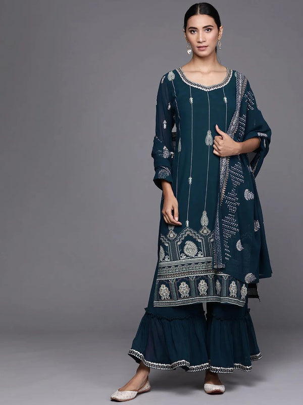 Teal Printed Georgette Suit Set - Jashvi