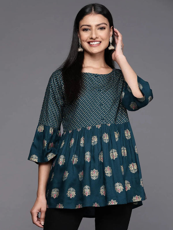 Teal Printed Rayon A-Line Kurti - Jashvi