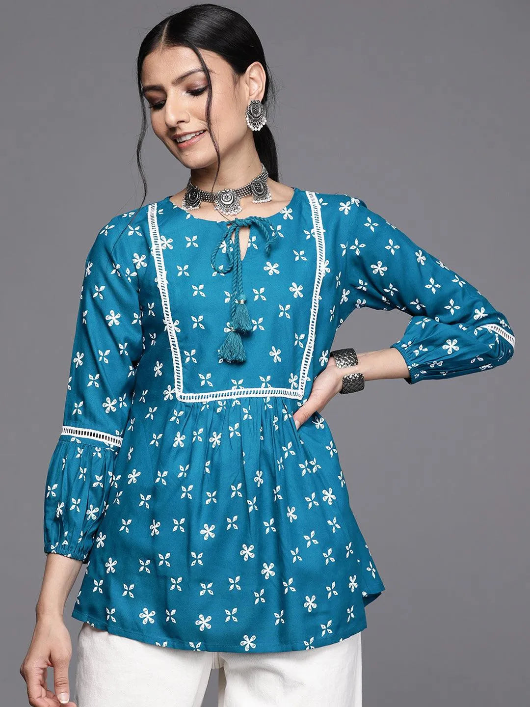 Teal Printed Rayon Kurti - Jashvi