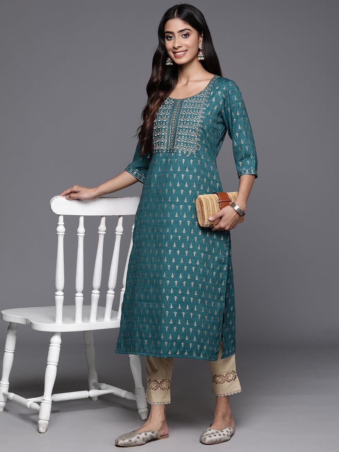 Teal Printed Rayon Straight Kurta - Jashvi