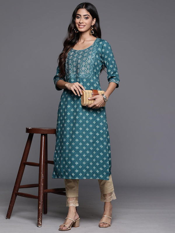 Teal Printed Rayon Straight Kurta - Jashvi