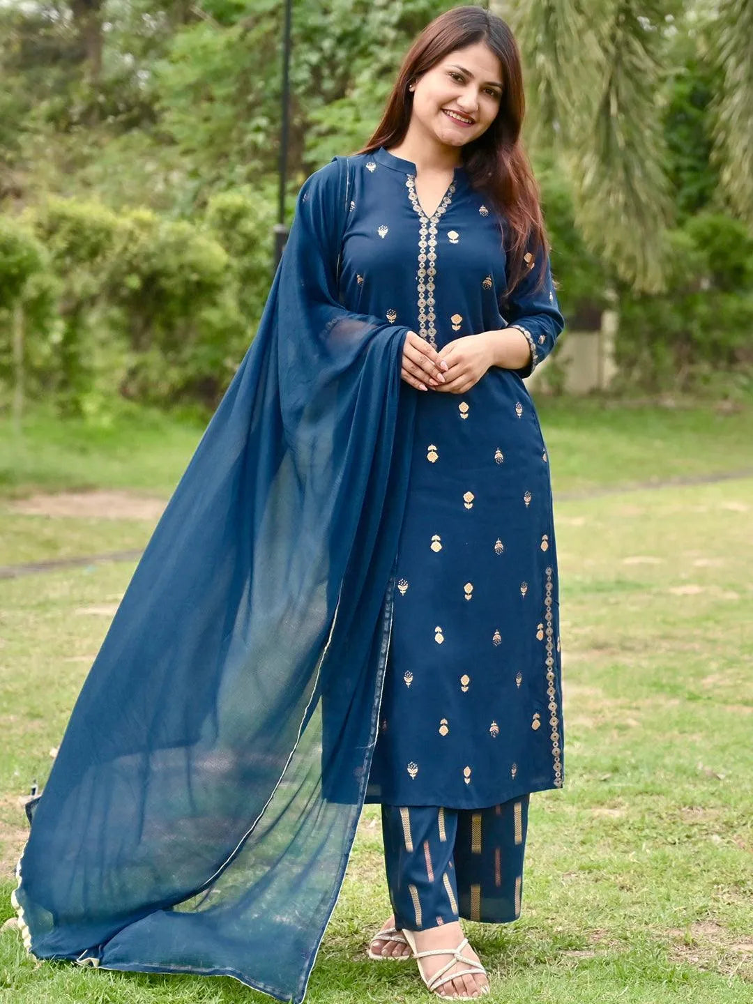 Teal Printed Rayon Straight Kurta With Palazzos & Dupatta - Jashvi