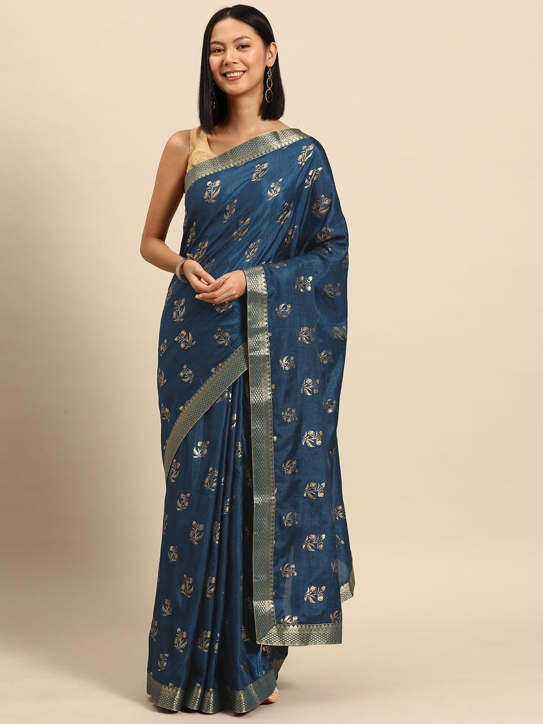 Teal Printed Silk Blend Saree - Jashvi