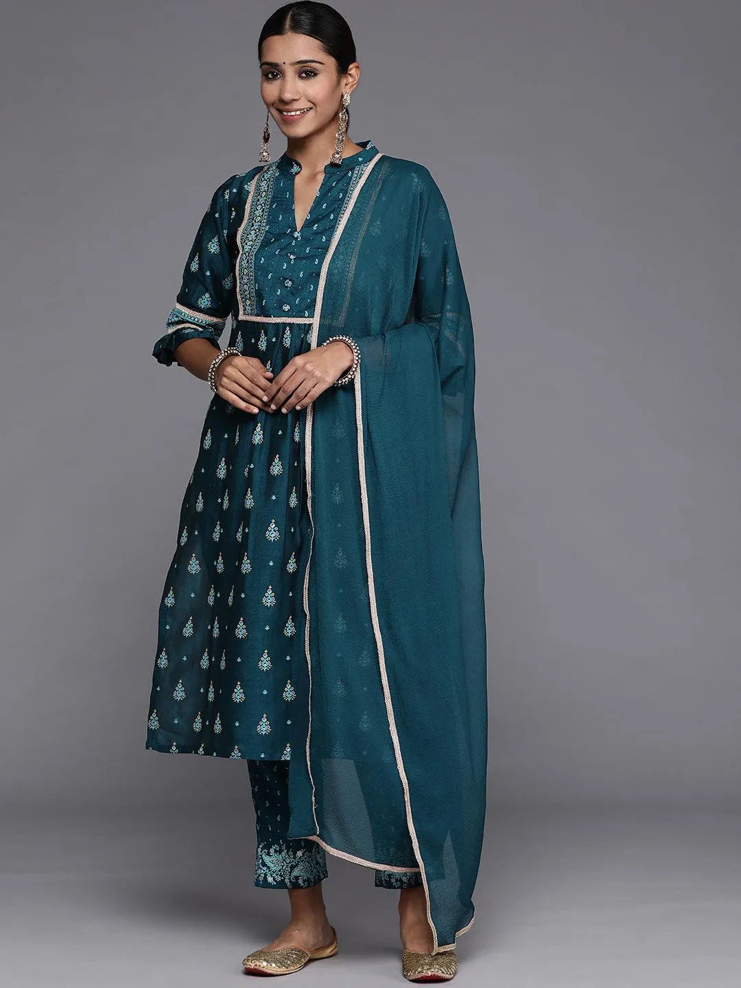 Teal Printed Silk Blend Straight Suit Set With Trousers - Jashvi