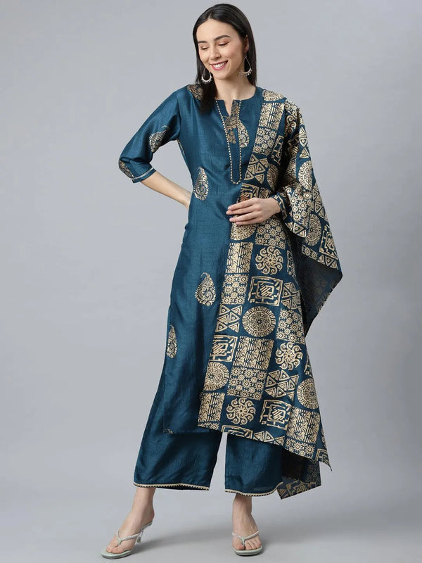 Teal Printed Silk Blend Suit Set - Jashvi