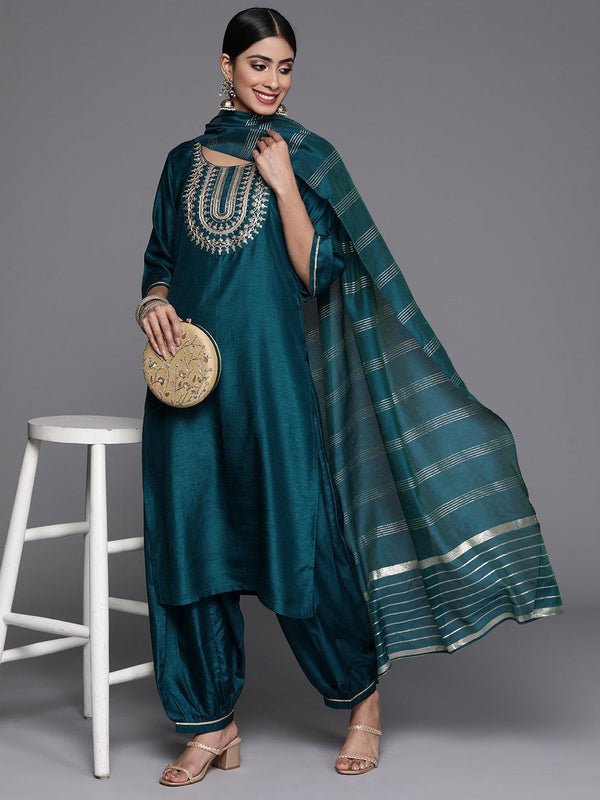 Teal Printed Silk Blend Straight Kurta With Salwar & Dupatta - Jashvi