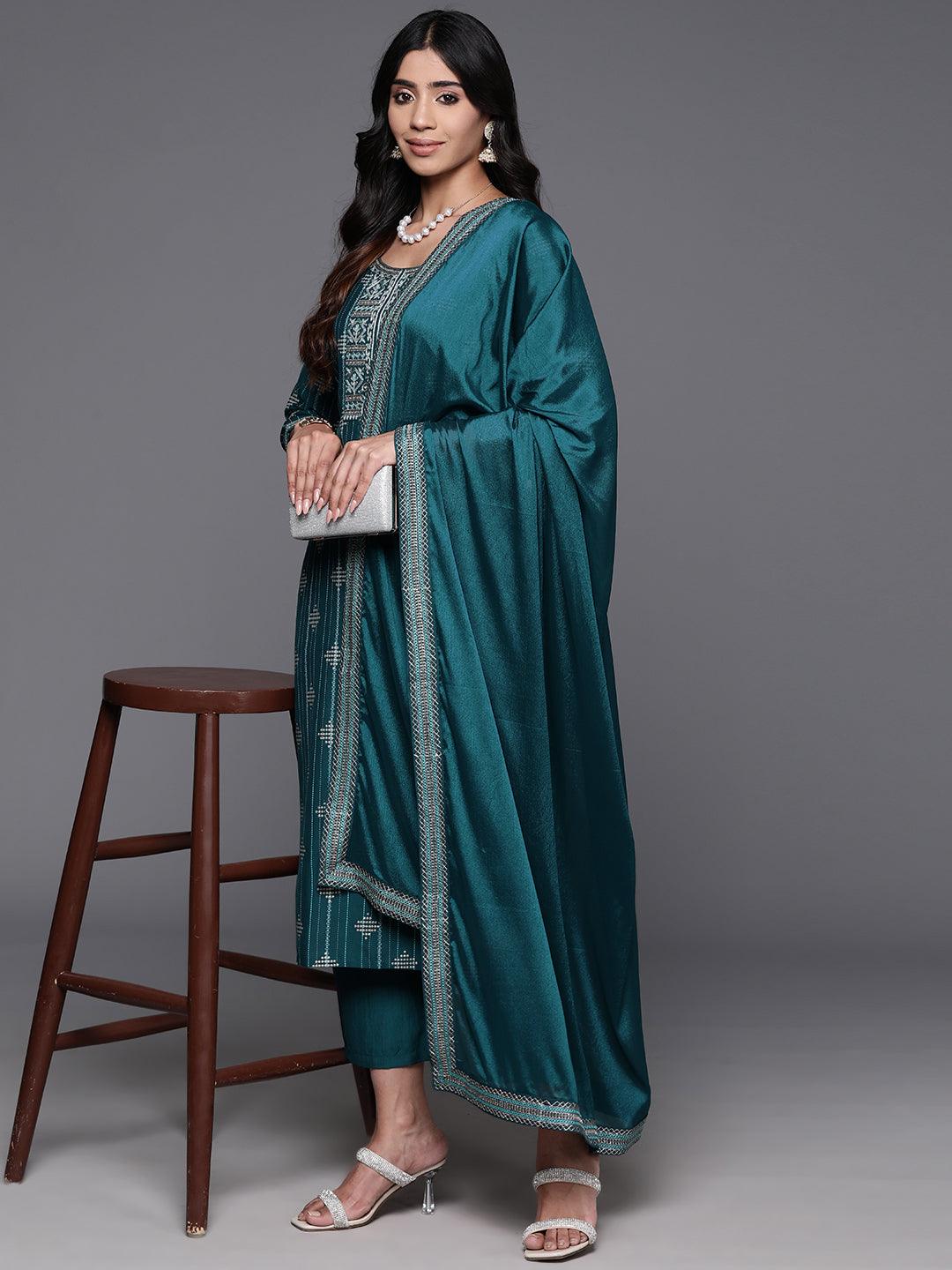 Teal Printed Silk Blend Straight Kurta With Trousers & Dupatta - Jashvi