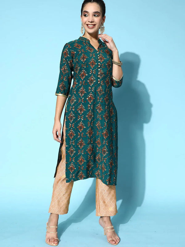 Teal Printed Silk Straight Kurta - Jashvi