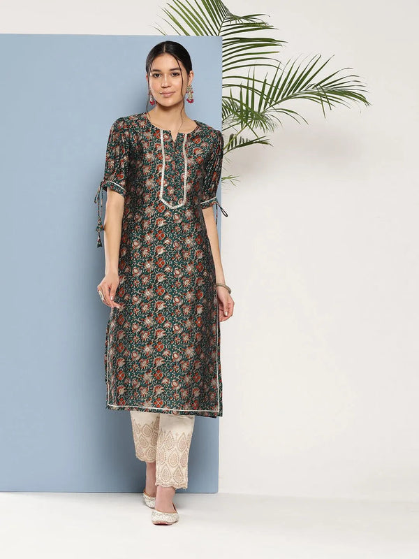 Teal Printed Silk Straight Kurta - Jashvi