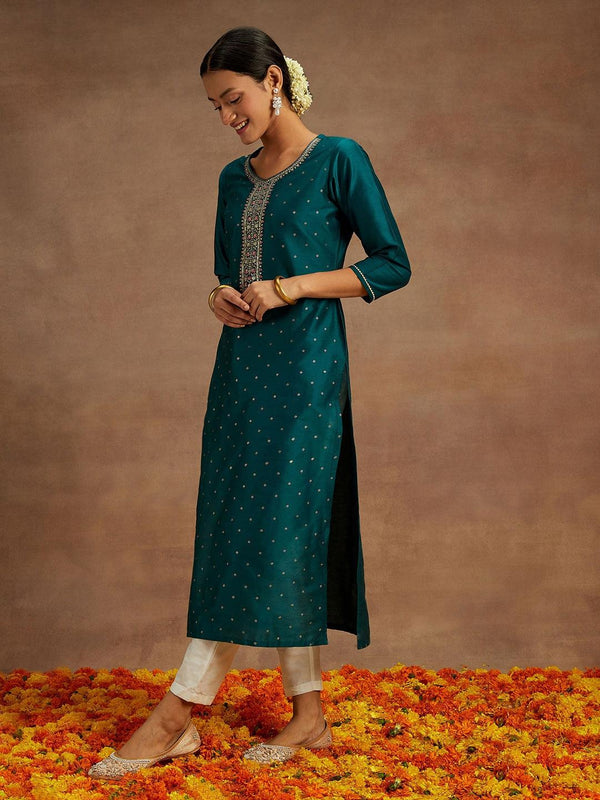 Teal Printed Silk Straight Kurta - Jashvi