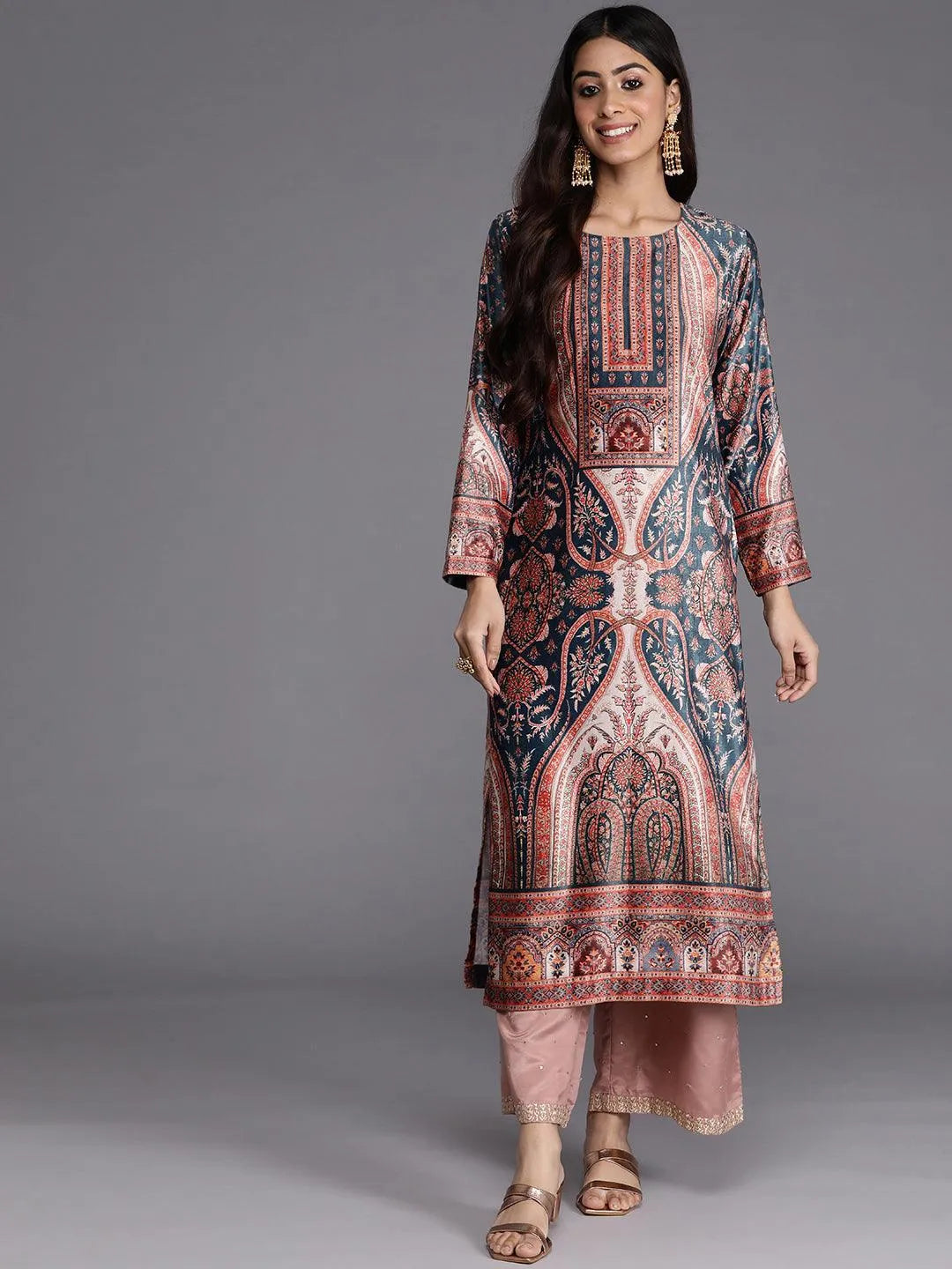 Teal Printed Velvet Straight Kurta - Jashvi