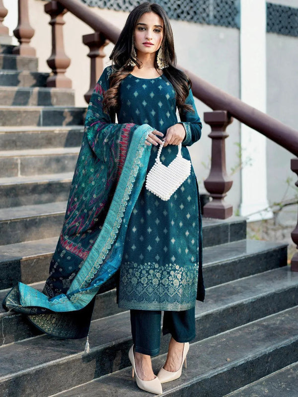 Teal Self Design Pashmina Wool Straight Kurta With Dupatta - Jashvi