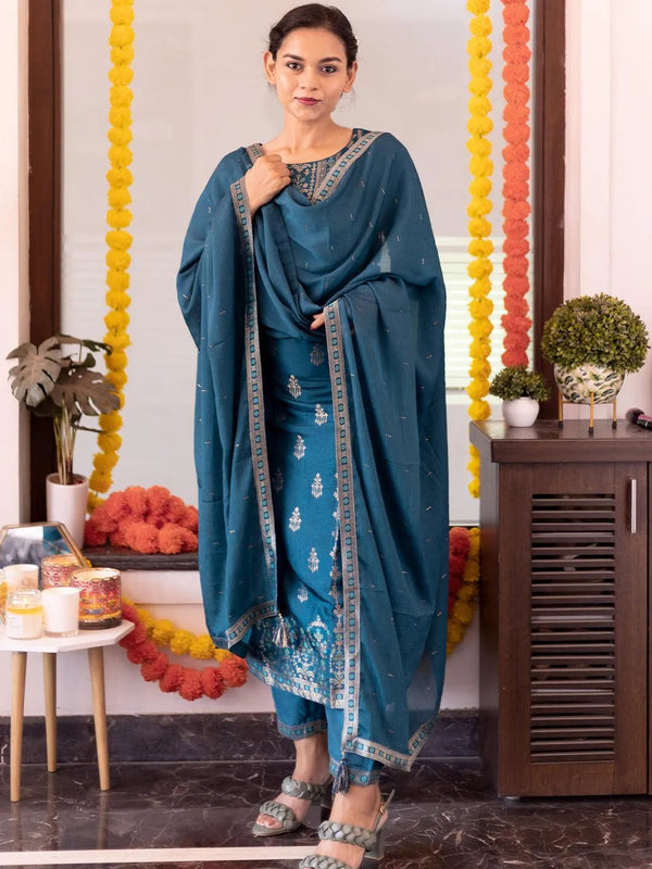 Teal Self Design Silk Suit Set - Jashvi