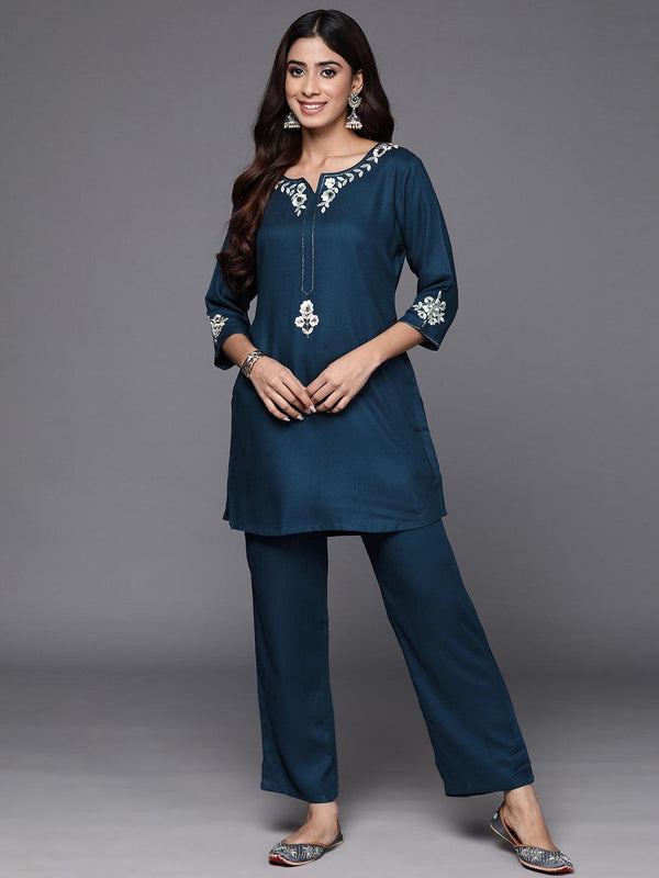 Teal Self Design Wool Blend Tunic With Trousers - Jashvi