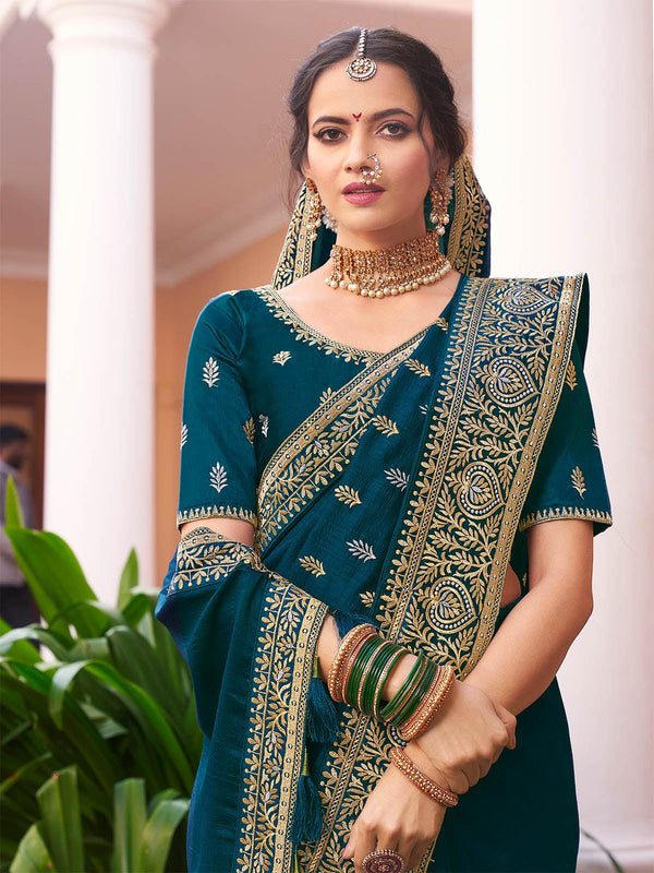 Women's Teal Silk Blend Saree - Odette