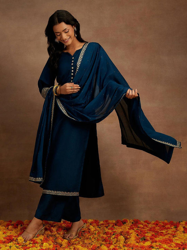 Teal Solid Silk Blend Straight Kurta With Palazzos & Dupatta - Jashvi