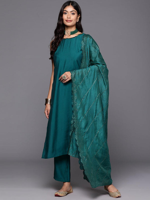 Teal Solid Silk Blend Straight Kurta With Trousers & Dupatta - Jashvi