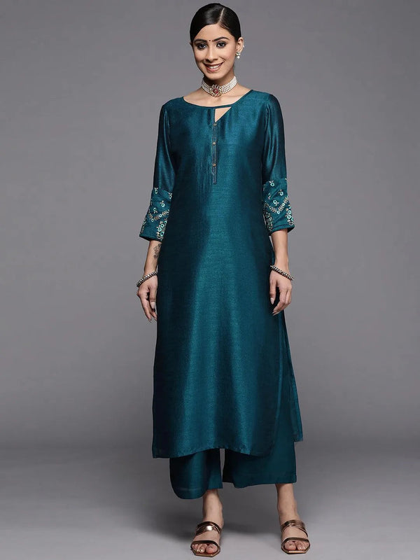 Teal Solid Silk Kurta - Jashvi