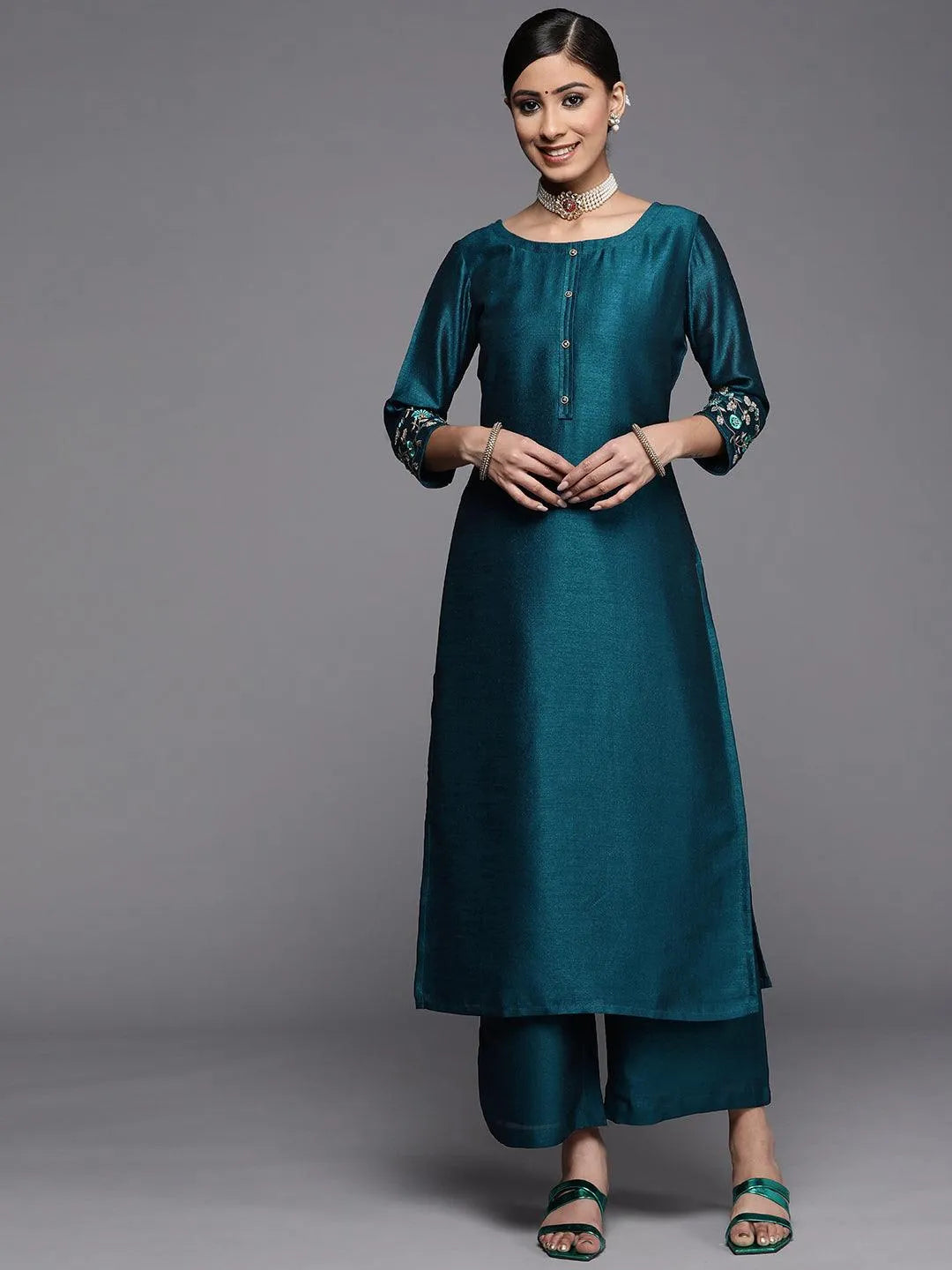 Teal Solid Silk Kurta - Jashvi